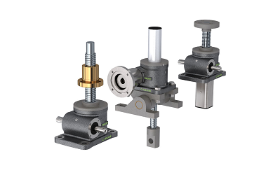 Spindelhubgetriebe der C-Serie als RF-Version (Drehende Spindel), als NE-Version (Stehende Spindel) und als VF-Version (Stehende Spindel, verdrehgesichert über Vierkantschutzrohr) v. links n. rechts