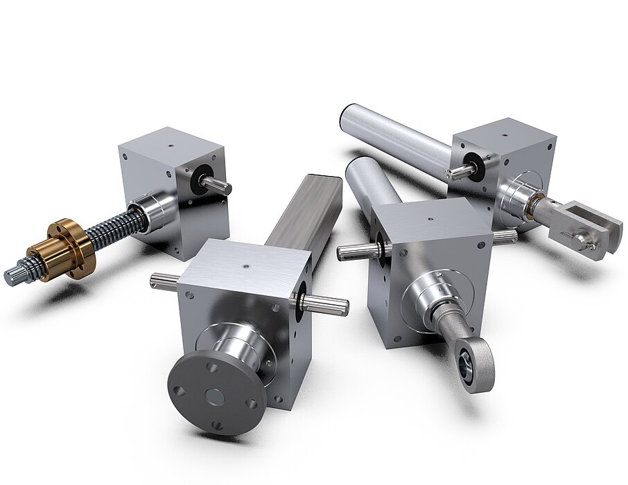 Spindlhubgetriebe M/J-Serie | Bauart R (Drehende Spindel), Bauart VK (Verdrehgesicherte hebende Spindel), Bauart VP (Verdrehgesicht über Passfedernut), Bauart N (Hebende Spindel), v. links n. rechts